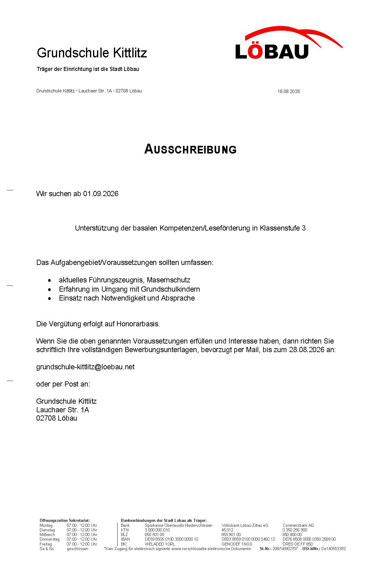 Ausschreibung - Unterst&uuml;tzung der basalen Kompetenzen/Lesef&ouml;rderung in Klassenstufe 3
